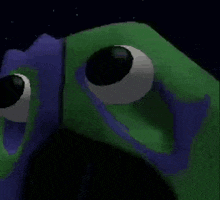 a close up of a green and purple cartoon character with big eyes