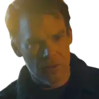 a close up of a man 's face with a shadow on his face