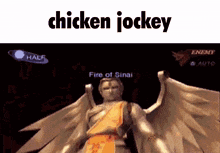 a video game screen shows a statue with wings and the words chicken jockey