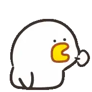 a cartoon duck with a yellow beak is sitting down and waving .