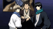 three anime characters are standing in front of a wall with chinese writing