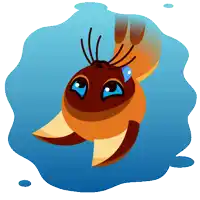 a cartoon drawing of a fish with blue eyes swimming in the water
