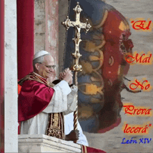 a painting of a man holding a cross with the words mal no prova lecera leon xiv on the bottom