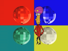 a cartoon character wearing a turban is standing in front of four disco balls