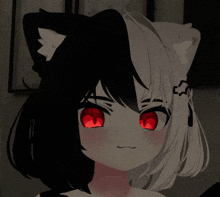 a girl with black and white hair has red eyes