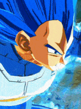 a close up of a cartoon character with blue hair and white armor