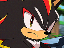 a close up of shadow the hedgehog 's face with a serious look on his face