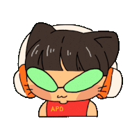 a cartoon drawing of a person wearing headphones and a red shirt that says apo