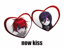two anime characters in heart shaped frames with the words now kiss on the bottom