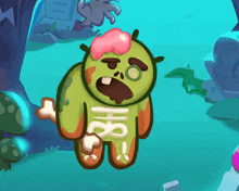 a cartoon drawing of a green monster with a pink headband