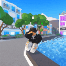 a person in a video game is standing in front of a building that says vibe
