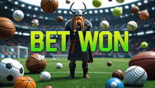 a cartoon viking surrounded by sports balls with the words bet won in the background