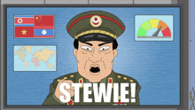 a cartoon of a man in a military uniform with the words stewie on the screen