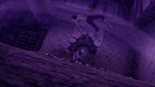 a purple room with a person laying on the floor and a monster behind them