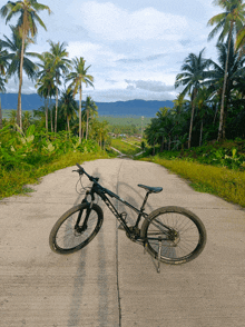 a trek bike is parked on the side of a dirt road
