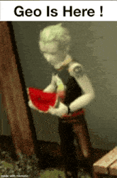 a picture of a man holding a slice of watermelon with the words geo is here below him