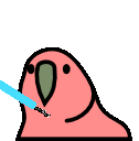 a green parrot with a blue light saber in its mouth .