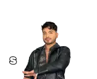 a man in a leather jacket stands in front of a white background with the words monday los angeles and ray on it