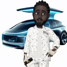 a man wearing a jacket that says jcllof stands in front of a futuristic car