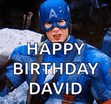 a man in a captain america costume is wearing a mask and saying `` happy birthday david '' .