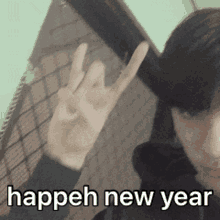 a picture of a person with the words " happen new year " written on it