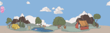 a cartoon landscape with mountains and trees and a pink balloon with a smiley face on it