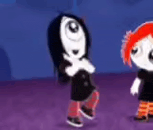 a couple of cartoon characters are standing next to each other on a purple surface .