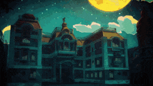 a pixelated drawing of a large building with a full moon in the background