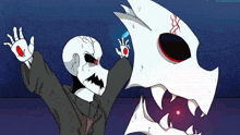 a cartoon drawing of a skeleton in a suit standing next to a white monster