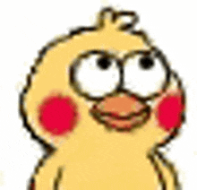 a cartoon chicken with big eyes and red cheeks is looking at the camera .
