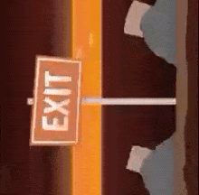 a sign that says exit is hanging from a pole in a dark room .