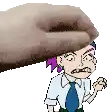a cartoon character with purple hair and a tie is being slapped by a large hand .