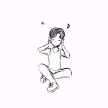 a black and white drawing of a girl wearing headphones .