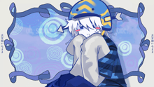 a drawing of a boy with white hair and a blue and yellow hat with chinese writing on it