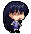 a pixel art drawing of a girl with long black hair covering her face with her hands .
