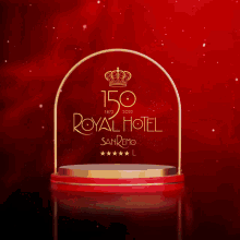 an advertisement for the royal hotel sanremo with a red background