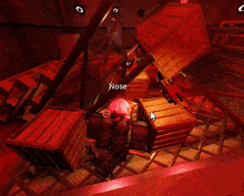 a computer generated image of a person in a video game with a red background