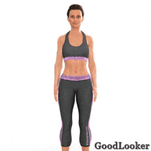 a woman is standing in front of a white background with the words goodlooker on the bottom right