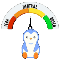 a cartoon penguin is sitting under a gauge that says neutral