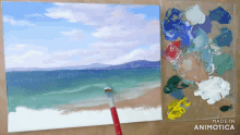 a painting of a beach is being painted next to a palette that says made in animotica