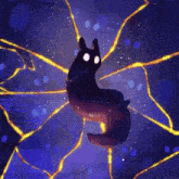 a black cat with white eyes is floating in the air surrounded by glowing lights .