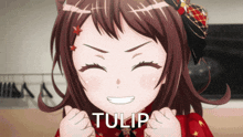 a smiling anime girl with the name tulip written on her face