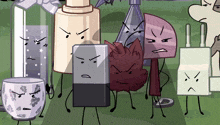 a group of cartoon characters with angry faces are standing in a field