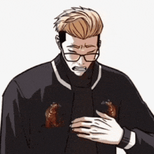 a cartoon of a man wearing glasses and a black jacket holding his chest .