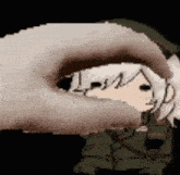 a pixel art of a hand holding a cartoon character 's face .