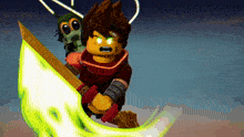 a cartoon character is holding a sword with a glowing green blade