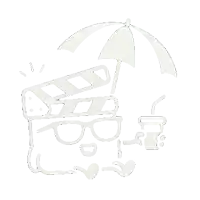 a drawing of a clapper board with an umbrella and glasses