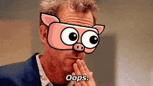 a man in a suit and tie is wearing a pig mask and saying oops .