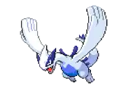 a pixel art drawing of a white and blue pokemon with its wings spread .