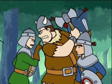a cartoon of a man holding an axe surrounded by other men